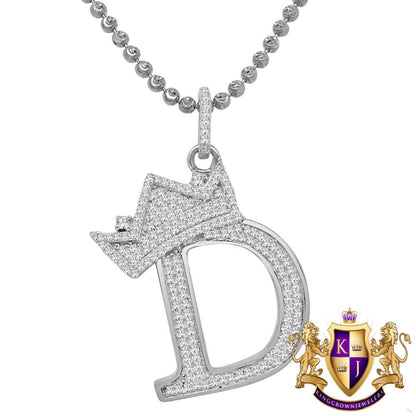 10K White Gold Over Real Sterling Silver Simulated Initial Letter Crown Alphabet A-Z Pendent Charm Chain Set