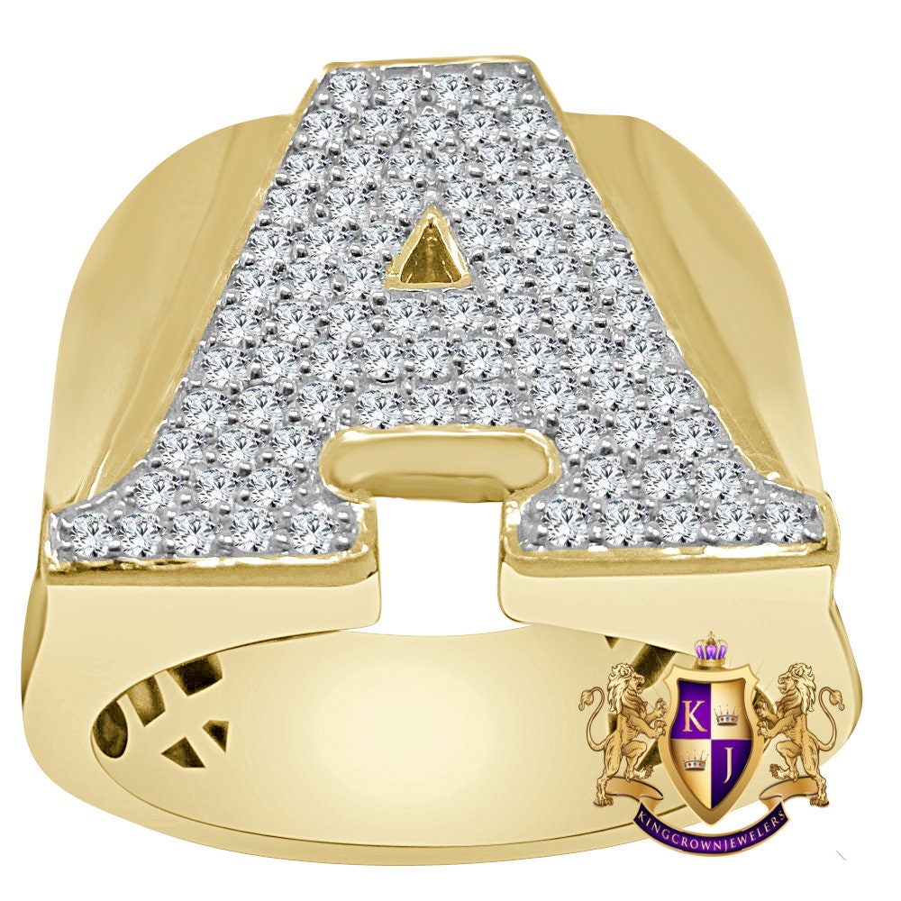 Men's Real Genuine Sterling Silver 2.00 Ct. Simulated Diamond 14K Gold Over Initial Letter Alphabet Ring Band 20mm (Adjustable 10 Up To 11 )