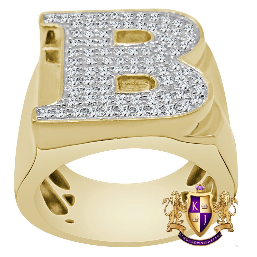Men's Real Genuine Sterling Silver 2.00 Ct. Simulated Diamond 14K Gold Over Initial Letter Alphabet Ring Band 20mm (Adjustable 10 Up To 11 )