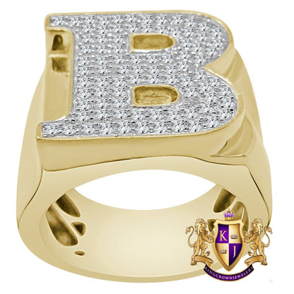 Men's Real Genuine Sterling Silver 2.00 Ct. Simulated Diamond 14K Gold Over Initial Letter Alphabet Ring Band 20mm (Adjustable 10 Up To 11 )