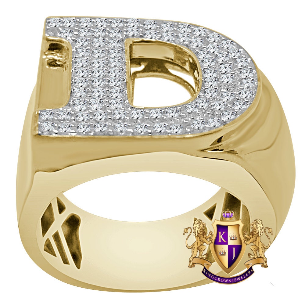 Men's Real Genuine Sterling Silver 2.00 Ct. Simulated Diamond 14K Gold Over Initial Letter Alphabet Ring Band 20mm (Adjustable 10 Up To 11 )