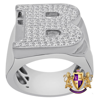 Men's Big Bold 14K White Gold On Sterling Silver Simulated Diamond Initial Letter Alphabet Ring Band (Adjustable 10 Up To 11 )
