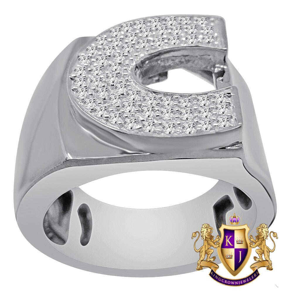 Men's Big Bold 14K White Gold On Sterling Silver Simulated Diamond Initial Letter Alphabet Ring Band (Adjustable 10 Up To 11 )