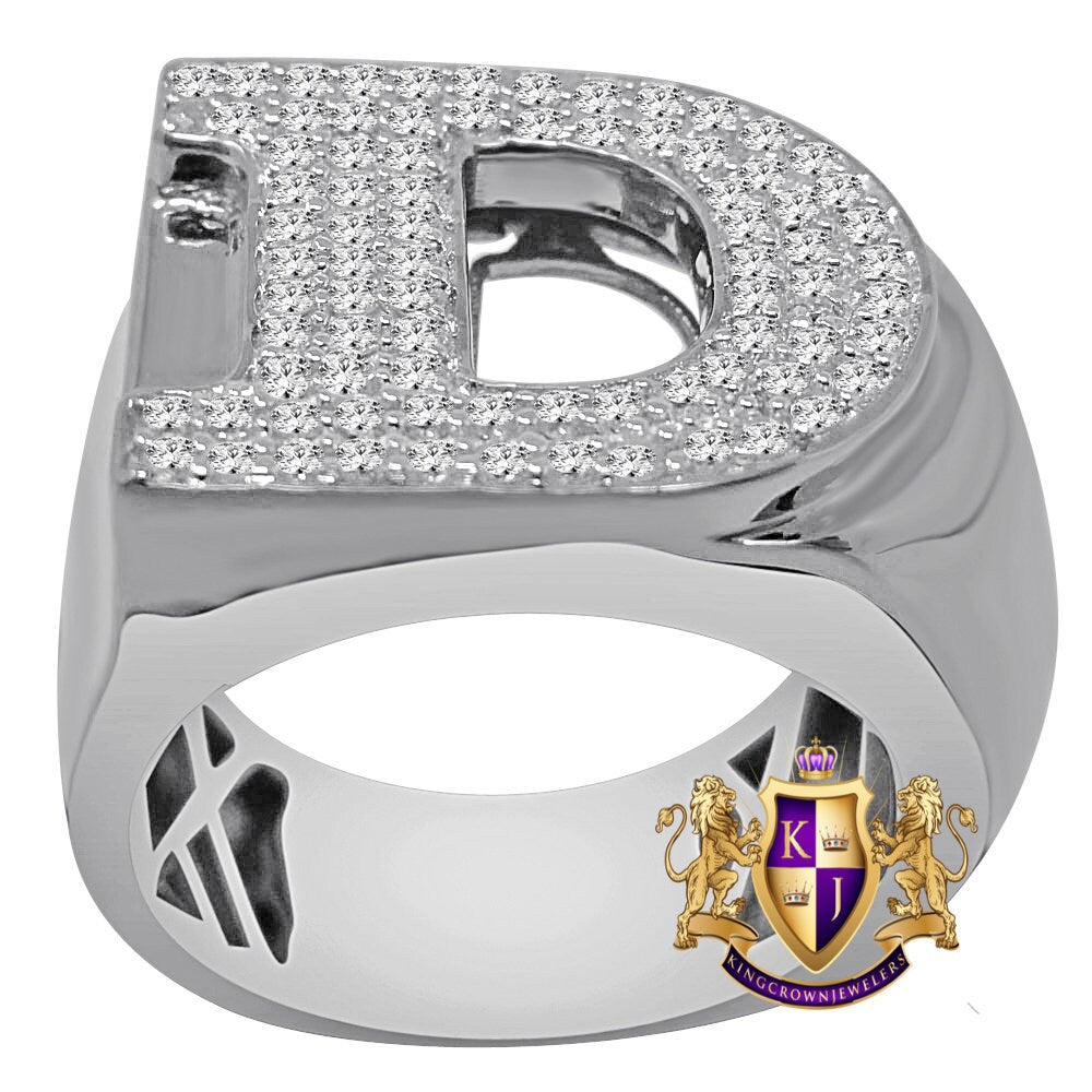 Men's Big Bold 14K White Gold On Sterling Silver Simulated Diamond Initial Letter Alphabet Ring Band (Adjustable 10 Up To 11 )