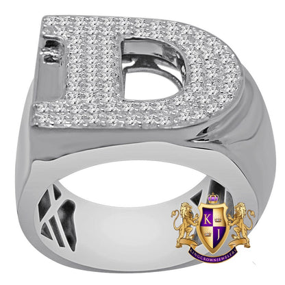 Men's Big Bold 14K White Gold On Sterling Silver Simulated Diamond Initial Letter Alphabet Ring Band (Adjustable 10 Up To 11 )