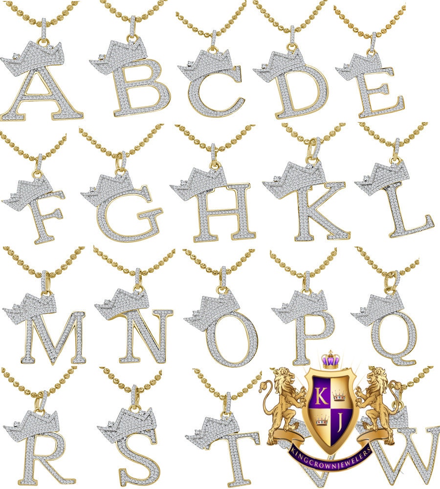 Real Yellow Gold Sterling Silver Simulated Initial Letter Crown Alphabet A-Z Pendent Charm Chain Set
