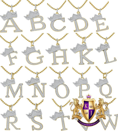 Real Yellow Gold Sterling Silver Simulated Initial Letter Crown Alphabet A-Z Pendent Charm Chain Set