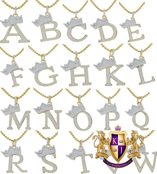 Real Yellow Gold Sterling Silver Simulated Initial Letter Crown Alphabet A-Z Pendent Charm Chain Set
