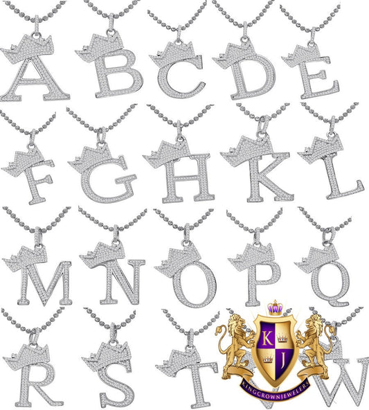 10K White Gold Over Real Sterling Silver Simulated Initial Letter Crown Alphabet A-Z Pendent Charm Chain Set