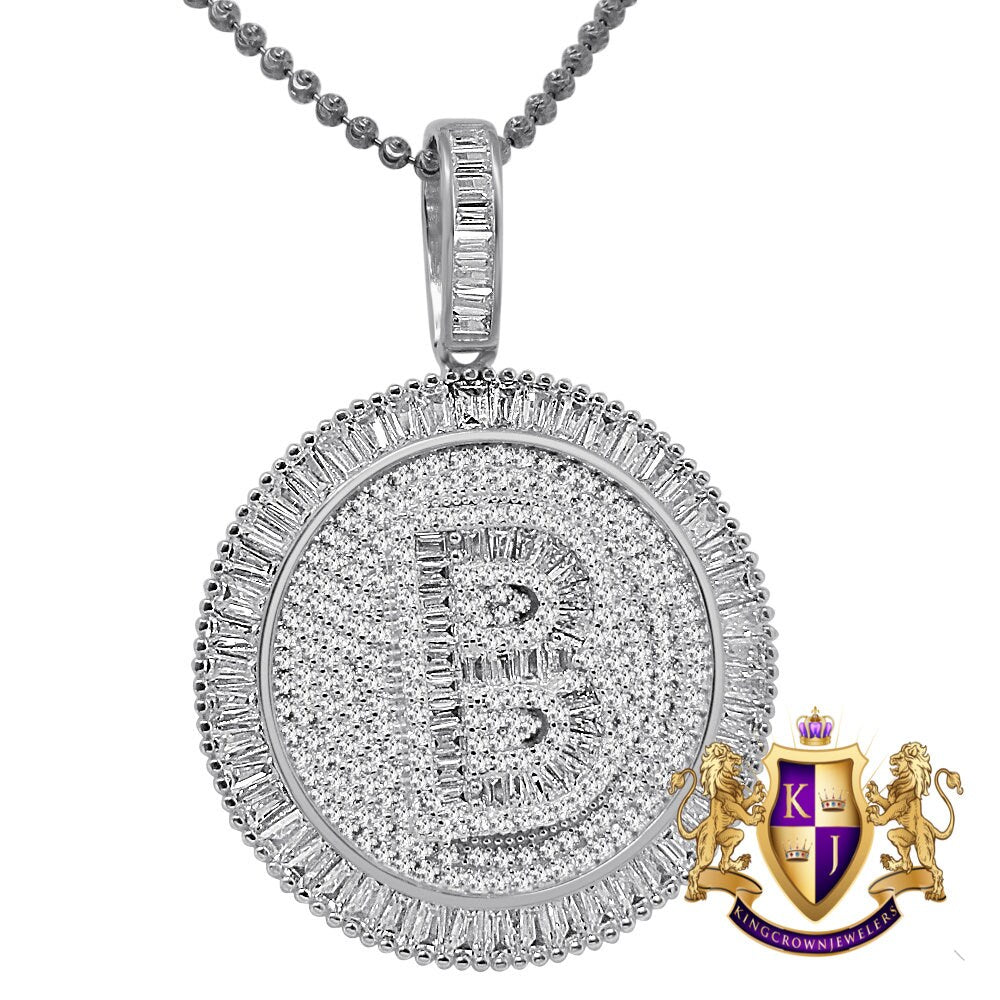 Baguette Real Sterling Silver White Gold Finish Simulated Diamond Initial Letter Alphabet Round Pendent Charm Chain Set