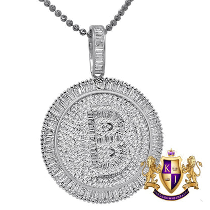 Baguette Real Sterling Silver White Gold Finish Simulated Diamond Initial Letter Alphabet Round Pendent Charm Chain Set