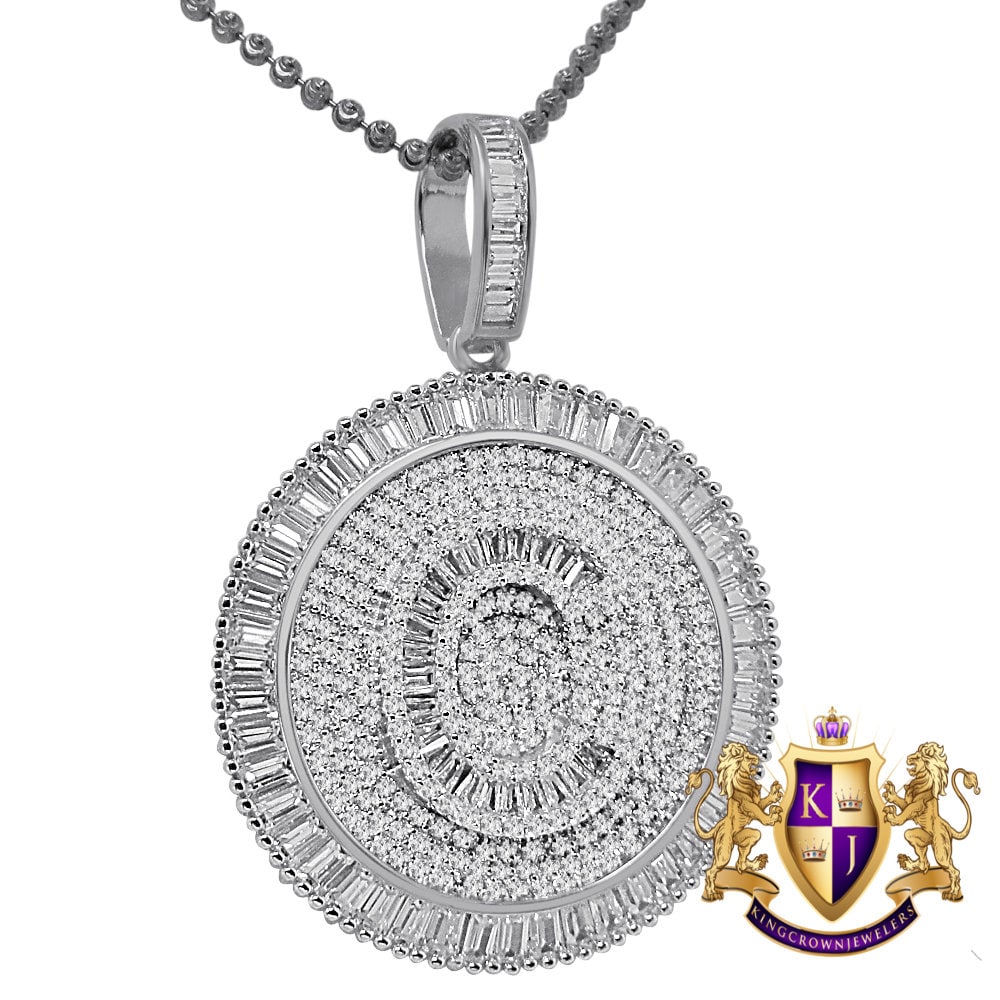 Baguette Real Sterling Silver White Gold Finish Simulated Diamond Initial Letter Alphabet Round Pendent Charm Chain Set