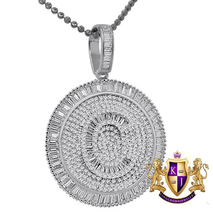 Baguette Real Sterling Silver White Gold Finish Simulated Diamond Initial Letter Alphabet Round Pendent Charm Chain Set