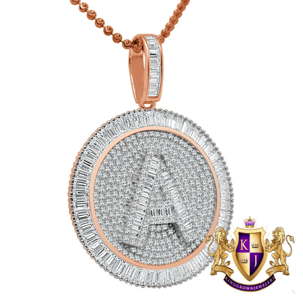 Baguette Real Sterling Silver Rose Gold Finish Simulated Diamond Initial Letter Alphabet Round Pendent Charm Chain Set