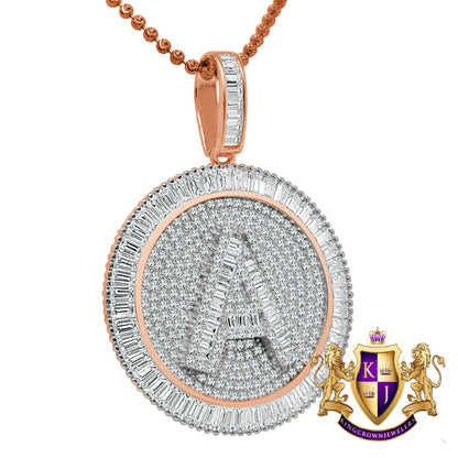 Baguette Real Sterling Silver Rose Gold Finish Simulated Diamond Initial Letter Alphabet Round Pendent Charm Chain Set