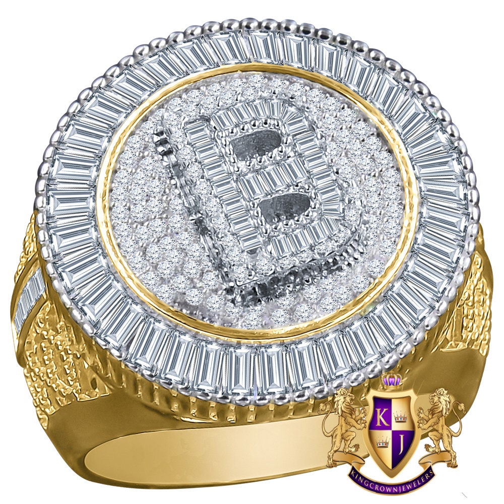Men's Baguette Real Yellow Gold Sterling Silver Simulated Diamond Initial Letter Alphabet Ring Band (Adjustable 10 Up To 12 )
