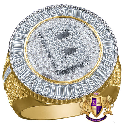 Men's Baguette Real Yellow Gold Sterling Silver Simulated Diamond Initial Letter Alphabet Ring Band (Adjustable 10 Up To 12 )