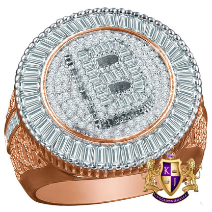 Men's Real Sterling Silver 14K Rose Gold Finish Simulated Diamond Initial Letter Alphabet Ring Band (Adjustable 10 Up To 12 )