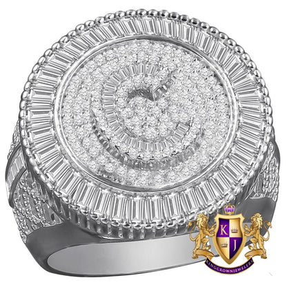 Men's Real Sterling Silver 14K White Gold Finish Simulated Diamond Initial Letter Alphabet Ring Band (Adjustable 10 Up To 12 )