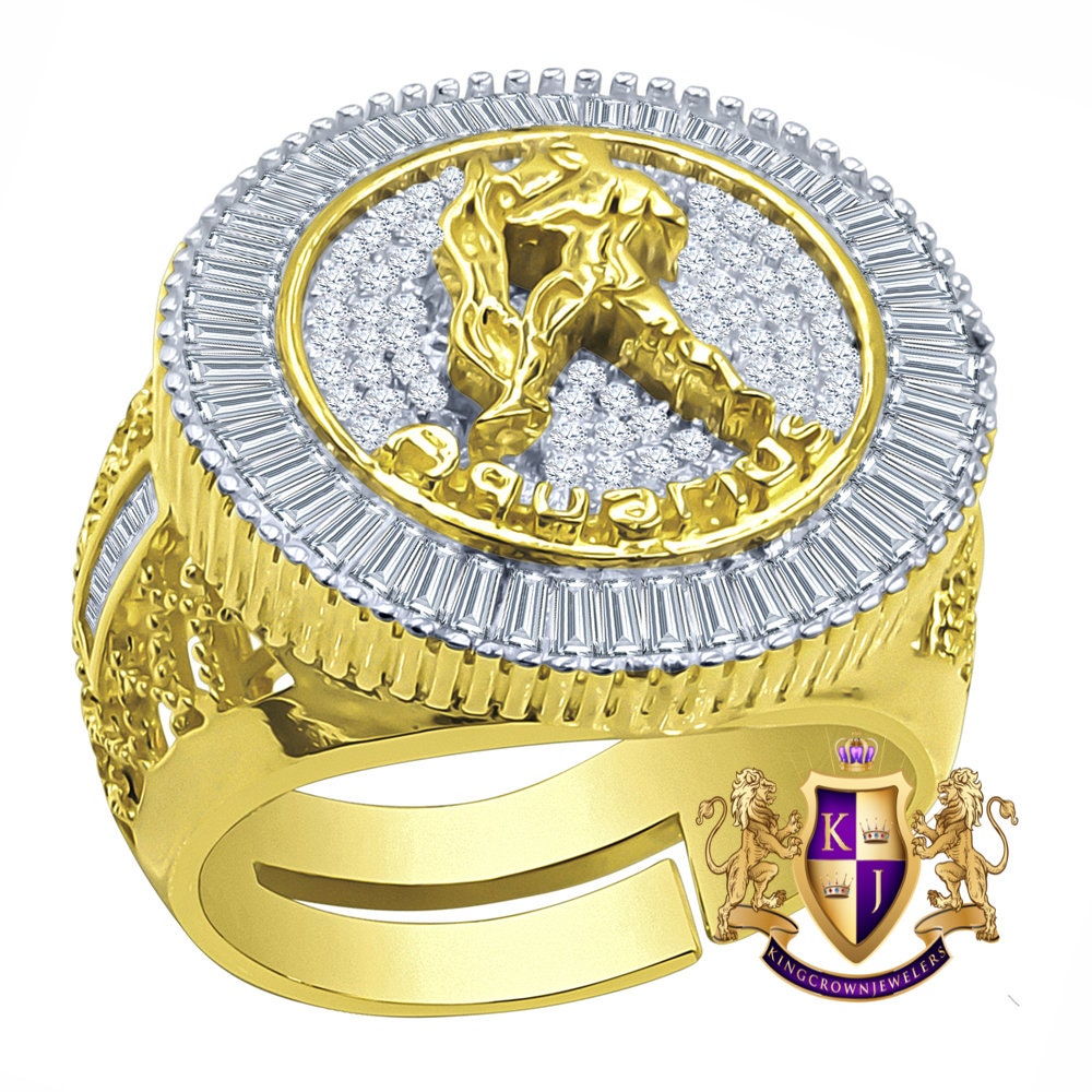 Real Sterling Silver Baguette Men's 14K Yellow Gold Finish Simulated Diamond Zodiac Sign Astrology Ring Band (Adjustable 10 Up To 12 )