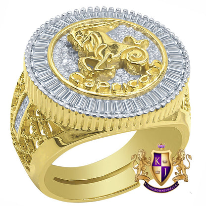 Real Sterling Silver Baguette Men's 14K Yellow Gold Finish Simulated Diamond Zodiac Sign Astrology Ring Band (Adjustable 10 Up To 12 )