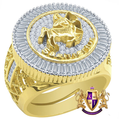 Real Sterling Silver Baguette Men's 14K Yellow Gold Finish Simulated Diamond Zodiac Sign Astrology Ring Band (Adjustable 10 Up To 12 )