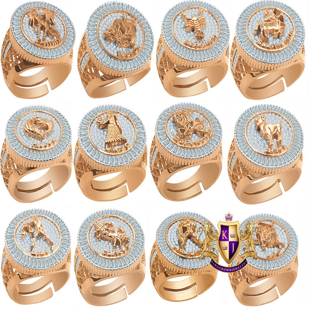 Real Sterling Silver Baguette Men's 14K Rose Gold Finish Simulated Diamond Zodiac Sign Astrology Ring Band (Adjustable 10 Up To 12 )