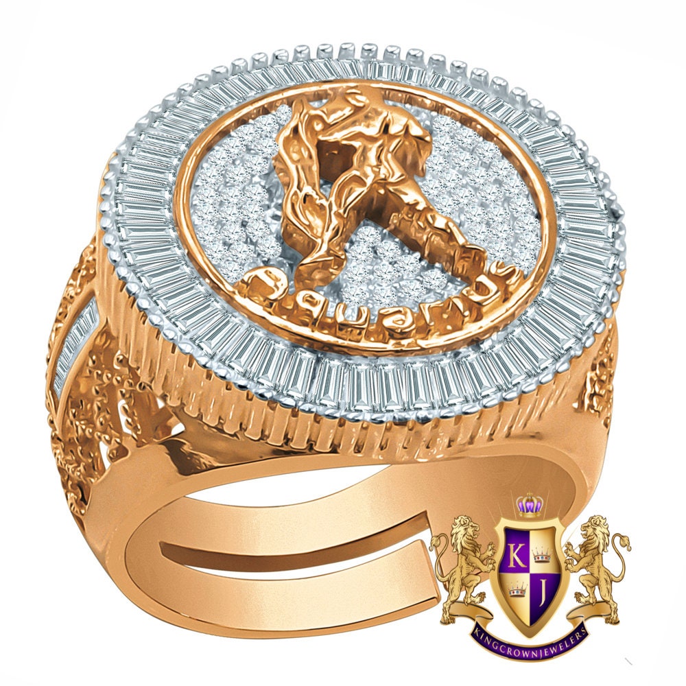 Real Sterling Silver Baguette Men's 14K Rose Gold Finish Simulated Diamond Zodiac Sign Astrology Ring Band (Adjustable 10 Up To 12 )