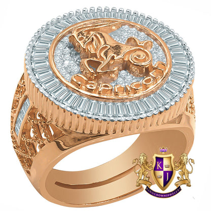 Real Sterling Silver Baguette Men's 14K Rose Gold Finish Simulated Diamond Zodiac Sign Astrology Ring Band (Adjustable 10 Up To 12 )