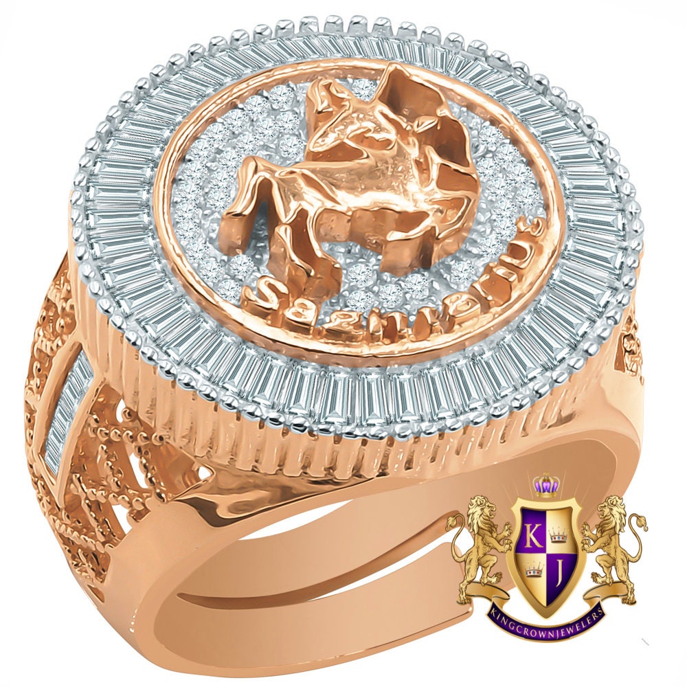 Real Sterling Silver Baguette Men's 14K Rose Gold Finish Simulated Diamond Zodiac Sign Astrology Ring Band (Adjustable 10 Up To 12 )