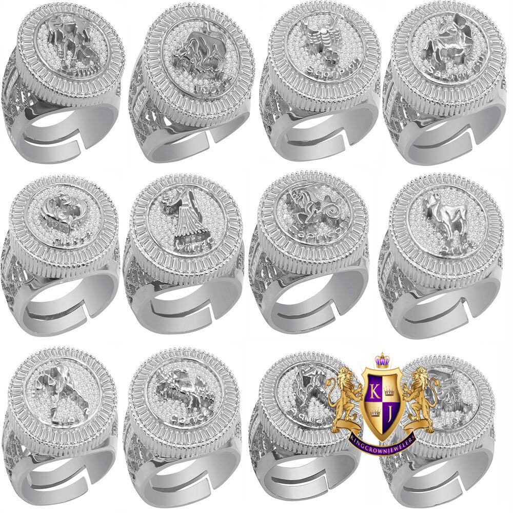 Real Sterling Silver Baguette Men's 14K White Gold Finish Simulated Diamond Zodiac Sign Astrology Ring Band (Adjustable 10 Up To 12 )