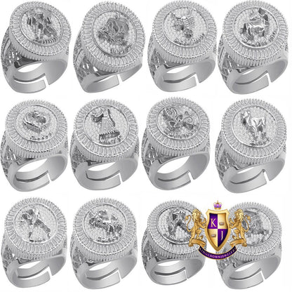 Real Sterling Silver Baguette Men's 14K White Gold Finish Simulated Diamond Zodiac Sign Astrology Ring Band (Adjustable 10 Up To 12 )