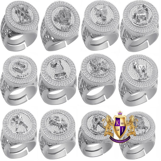 Real Sterling Silver Baguette Men's 14K White Gold Finish Simulated Diamond Zodiac Sign Astrology Ring Band (Adjustable 10 Up To 12 )