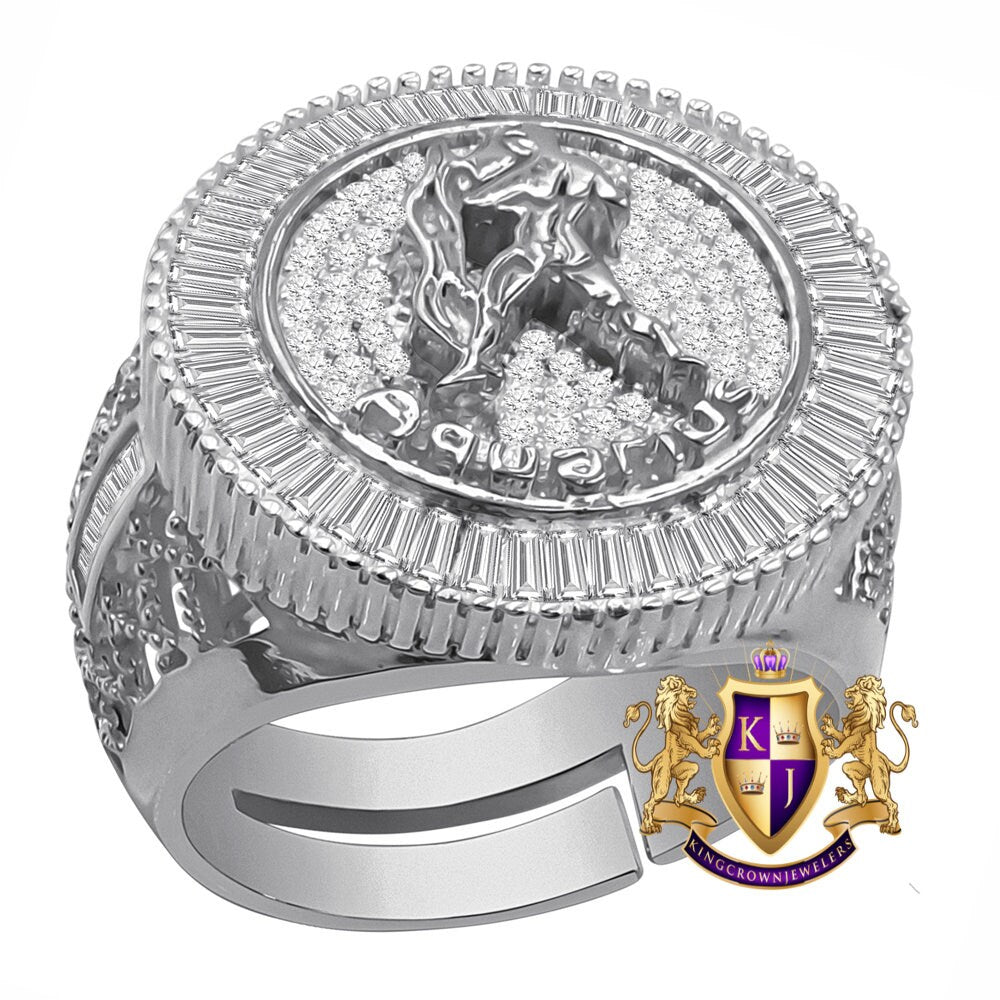 Real Sterling Silver Baguette Men's 14K White Gold Finish Simulated Diamond Zodiac Sign Astrology Ring Band (Adjustable 10 Up To 12 )