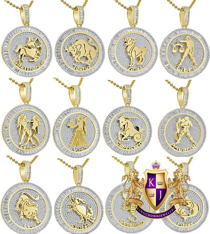 Real Genuine Sterling Silver Zodiac Sign Astrology Horoscope Baguette Round Cut 2.00 Ct. Simulated Diamond 14K Gold On Pendant Charm + Chain
