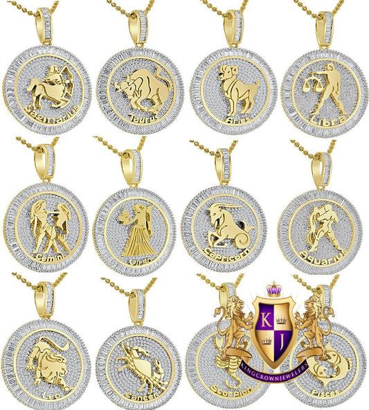 Real Genuine Sterling Silver Zodiac Sign Astrology Horoscope Baguette Round Cut 2.00 Ct. Simulated Diamond 14K Gold On Pendant Charm + Chain