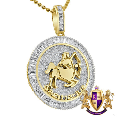 Real Genuine Sterling Silver Zodiac Sign Astrology Horoscope Baguette Round Cut 2.00 Ct. Simulated Diamond 14K Gold On Pendant Charm + Chain