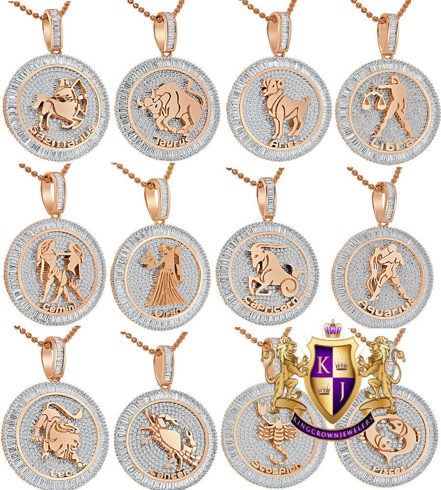 Real Genuine Sterling Silver 14K Rose Gold Over Zodiac Sign Astrology Horoscope Round Pendant 2.00 Cwt. Simulated Diamond Charm Chain Set