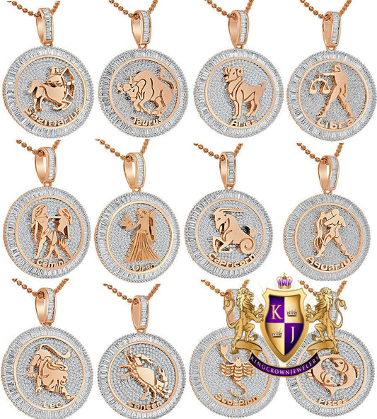 Real Genuine Sterling Silver 14K Rose Gold Over Zodiac Sign Astrology Horoscope Round Pendant 2.00 Cwt. Simulated Diamond Charm Chain Set