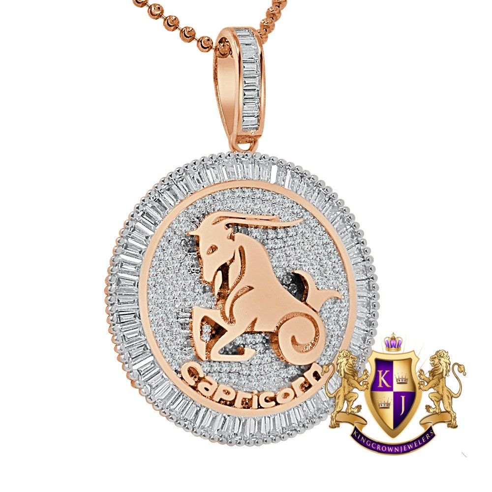 Real Genuine Sterling Silver 14K Rose Gold Over Zodiac Sign Astrology Horoscope Round Pendant 2.00 Cwt. Simulated Diamond Charm Chain Set