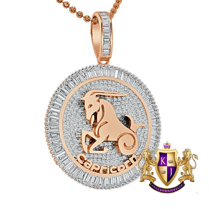 Real Genuine Sterling Silver 14K Rose Gold Over Zodiac Sign Astrology Horoscope Round Pendant 2.00 Cwt. Simulated Diamond Charm Chain Set