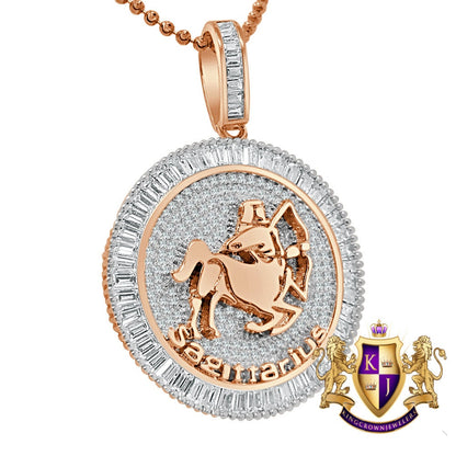 Real Genuine Sterling Silver 14K Rose Gold Over Zodiac Sign Astrology Horoscope Round Pendant 2.00 Cwt. Simulated Diamond Charm Chain Set