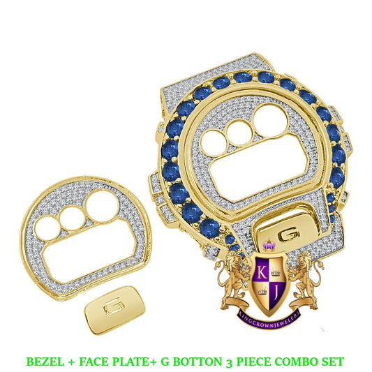 Solitaire Sapphire Blue Yellow Gold G Shock DW-6900 Simulated Diamond Watch Custom Cover Case Face Plate + Bezel + G Button 3 Piece Set