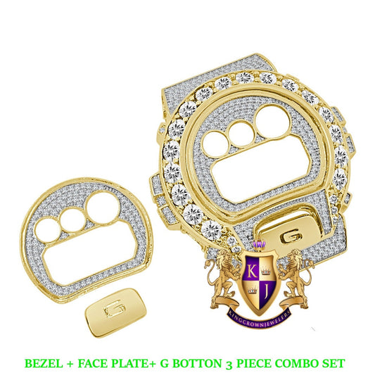 Solitaire Yellow Gold Finish G Shock DW-6900 Simulated Diamond Watch Custom Cover Case Face Plate + Bezel + G Button 3 Piece Set