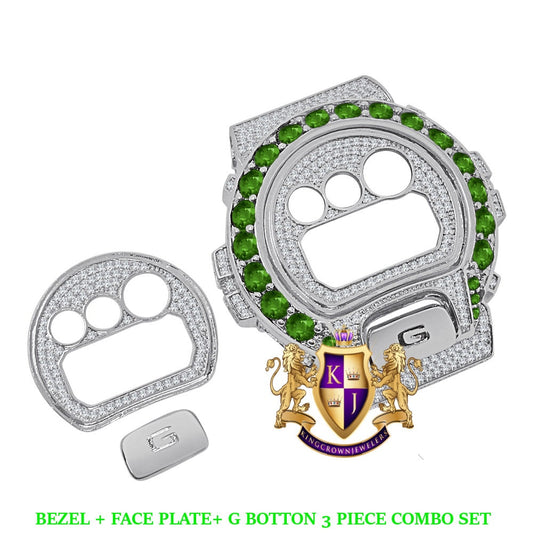 Solitaire Emerald Green White Gold Tone G Shock DW-6900 Simulated Diamond Watch Custom Cover Case Face Plate + Bezel + G Button 3 Piece Set