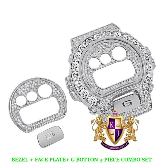 Solitaire White Gold Finish G Shock DW-6900 Simulated Diamond Watch Custom Cover Case Face Plate + Bezel + G Button 3 Piece Set