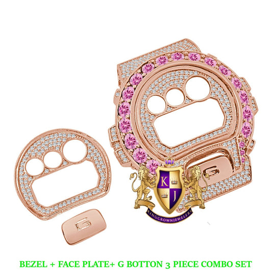 Solitaire Soft Pink Rose Gold Tone G Shock DW-6900 Simulated Diamond Watch Custom Cover Case Face Plate + Bezel + G Button 3 Piece Set
