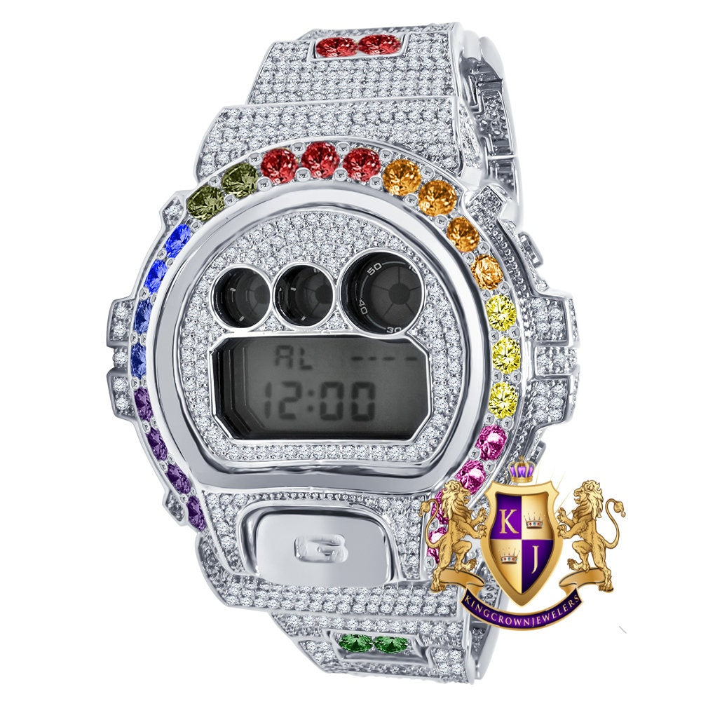 Men's Exclusive Custom Time Piece Solitaire Rainbow Multi Tone White Gold Finish Casio G Shock DW-6900 Watch