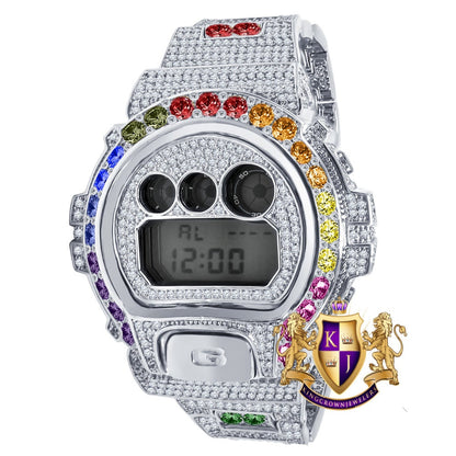 Men's Exclusive Custom Time Piece Solitaire Rainbow Multi Tone White Gold Finish Casio G Shock DW-6900 Watch