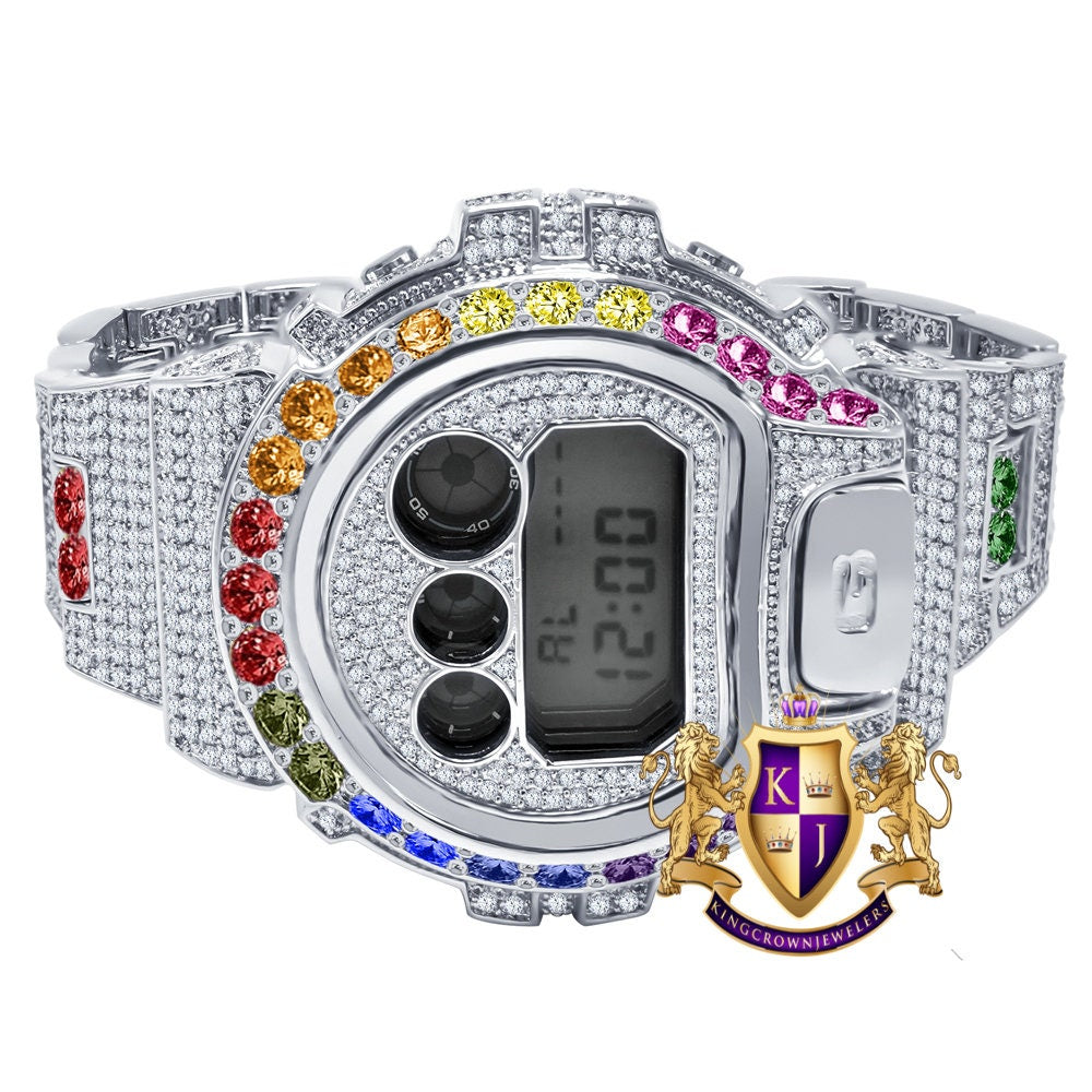 Men's Exclusive Custom Time Piece Solitaire Rainbow Multi Tone White Gold Finish Casio G Shock DW-6900 Watch